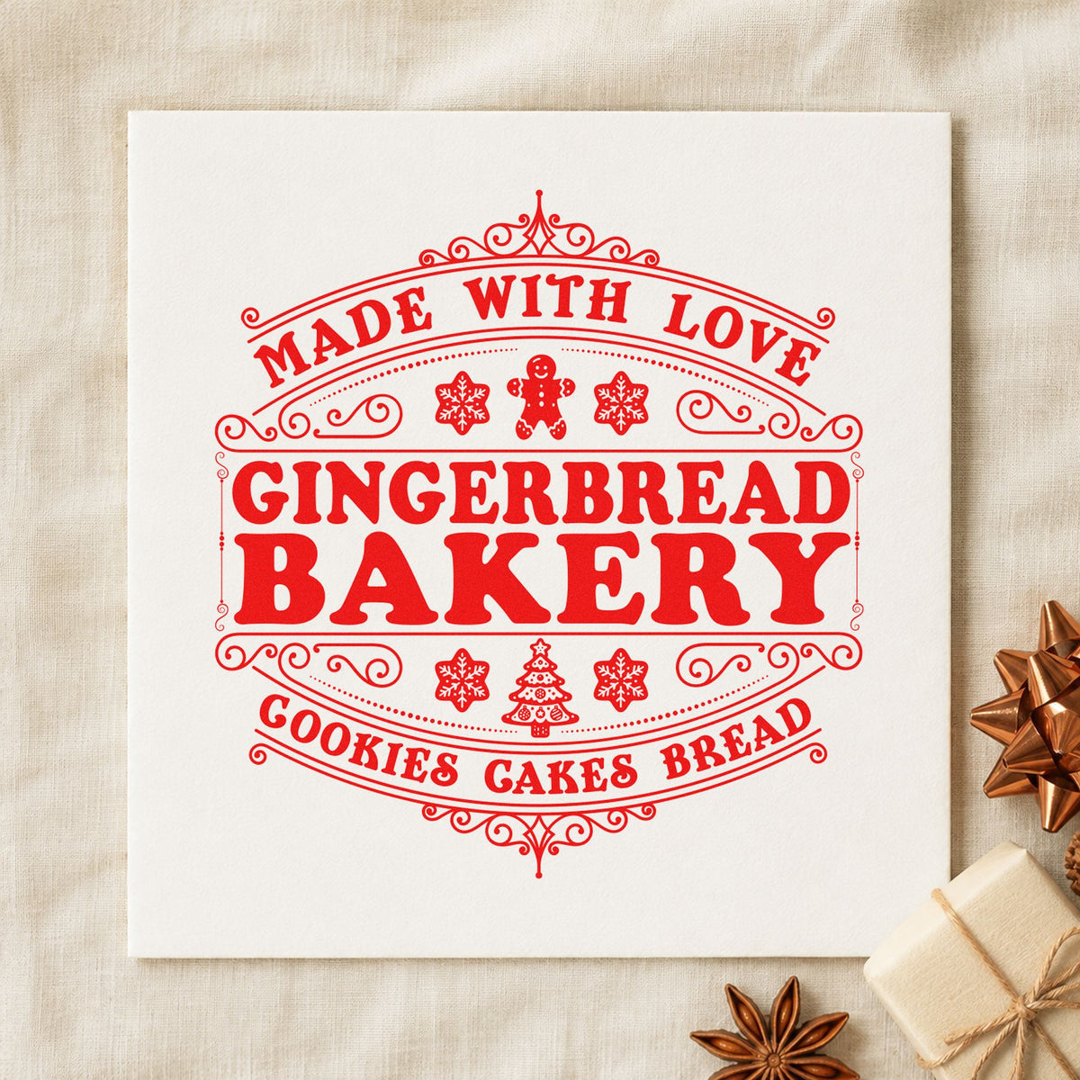 Made With Love Gingerbread Bakery rubber stamp shown in red ink, stamped for projects such as case shelf labels.
