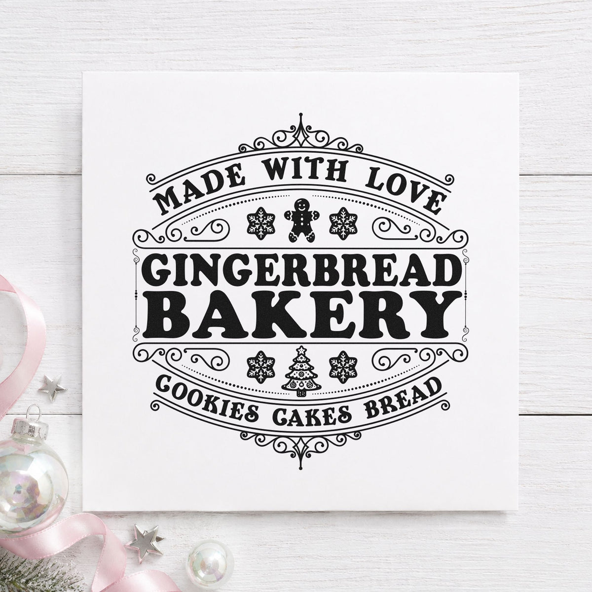 Made With Love Gingerbread Bakery rubber stamp printed in black ink, ready for product list cards and similar paper crafts.