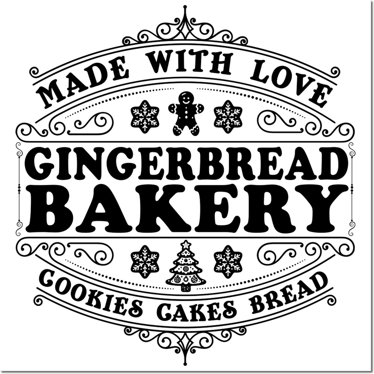 Black vintage-style gingerbread bakery stamp seal with snowflakes, gingerbread man, and cookies, cakes, bread text.