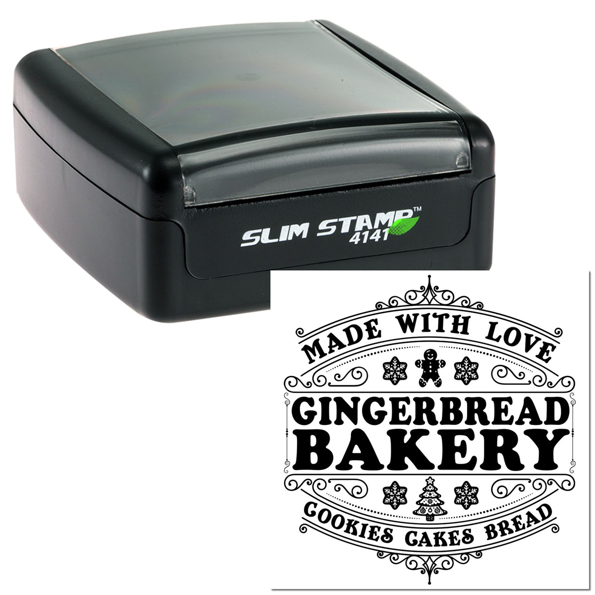 Black slim self-inking stamp with ornate white bakery seal reading Made With Love Gingerbread Bakery