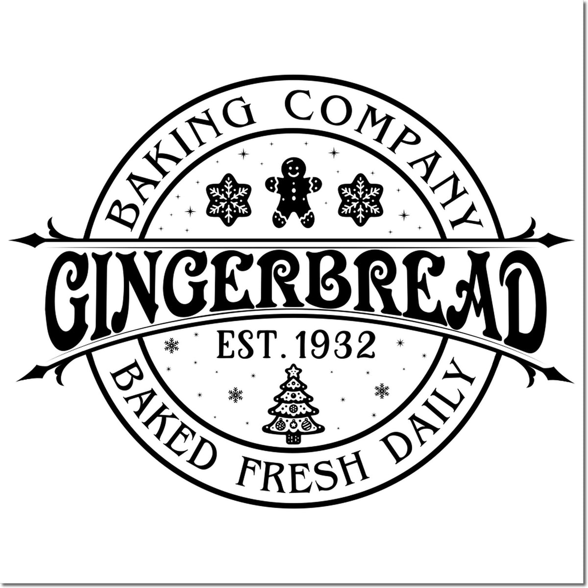 Black-and-white round stamp seal for Gingerbread Bakery, est. 1932, with snowflakes, gingerbread man, Christmas tree, and Fresh Daily.