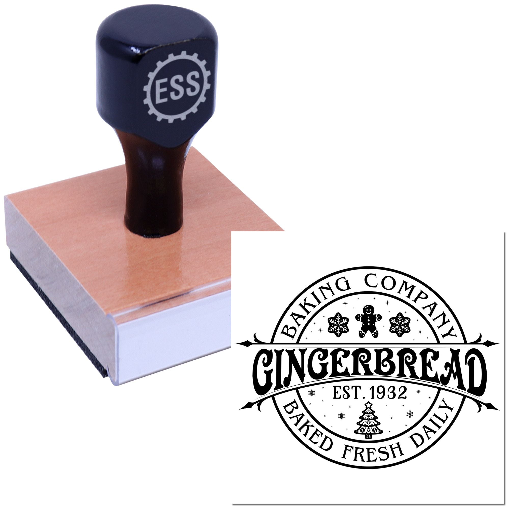 Dark navy rubber stamp on a wood block beside a black circular seal design for Gingerbread Bakery, est. 1932.