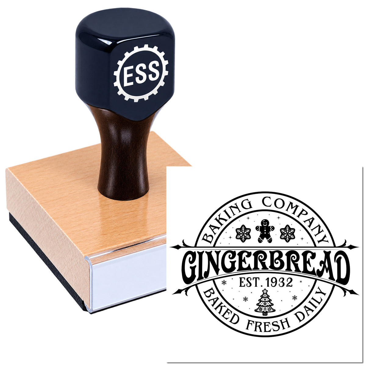 Dark navy rubber stamp on a wood block beside a black circular seal design for Gingerbread Bakery, est. 1932.