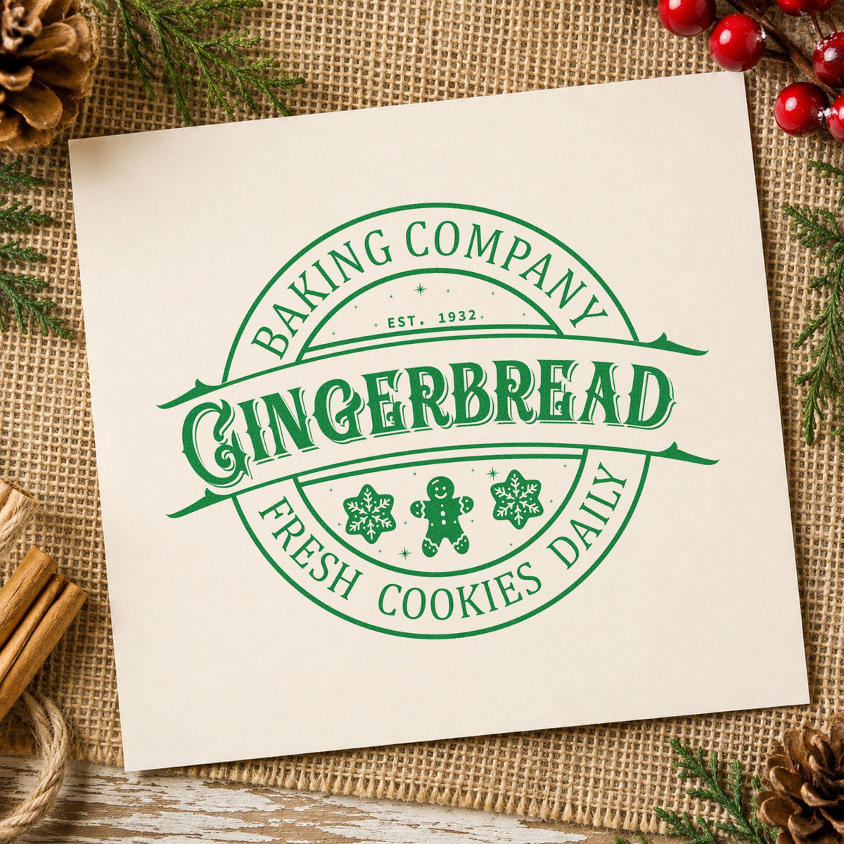 Gingerbread Fresh Cookies Daily craft stamp in green ink on cardstock, an easy option for morning album page.