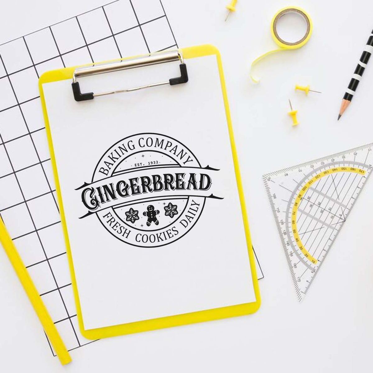 Yellow clipboard displays a black round bakery stamp seal reading Gingerbread, with grid paper and drafting tools.