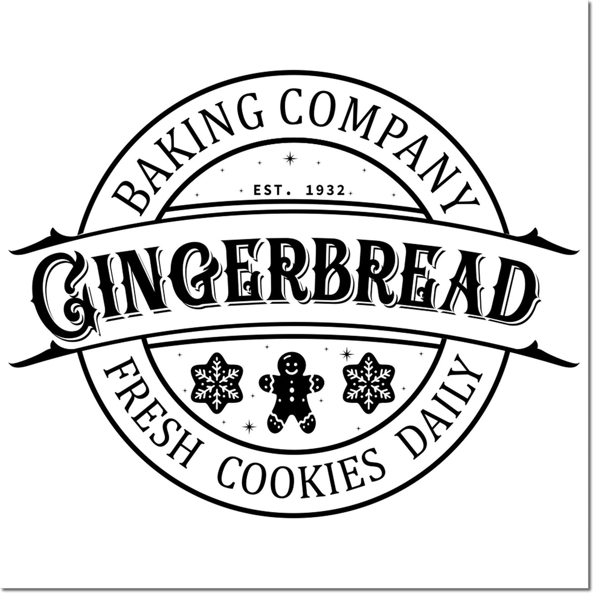 Black vintage round stamp seal for gingerbread cookies, with gingerbread man, snowflakes, and Bakery Company text.