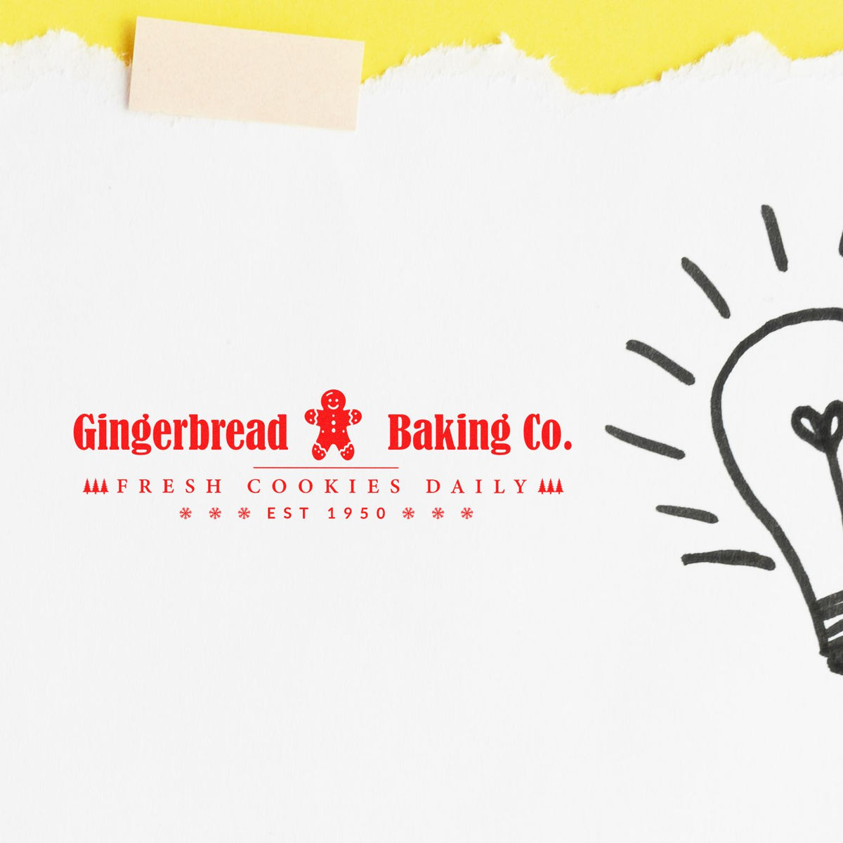Red Gingerbread Baking Co. stamp seal on white paper with yellow torn edge and black lightbulb doodle.