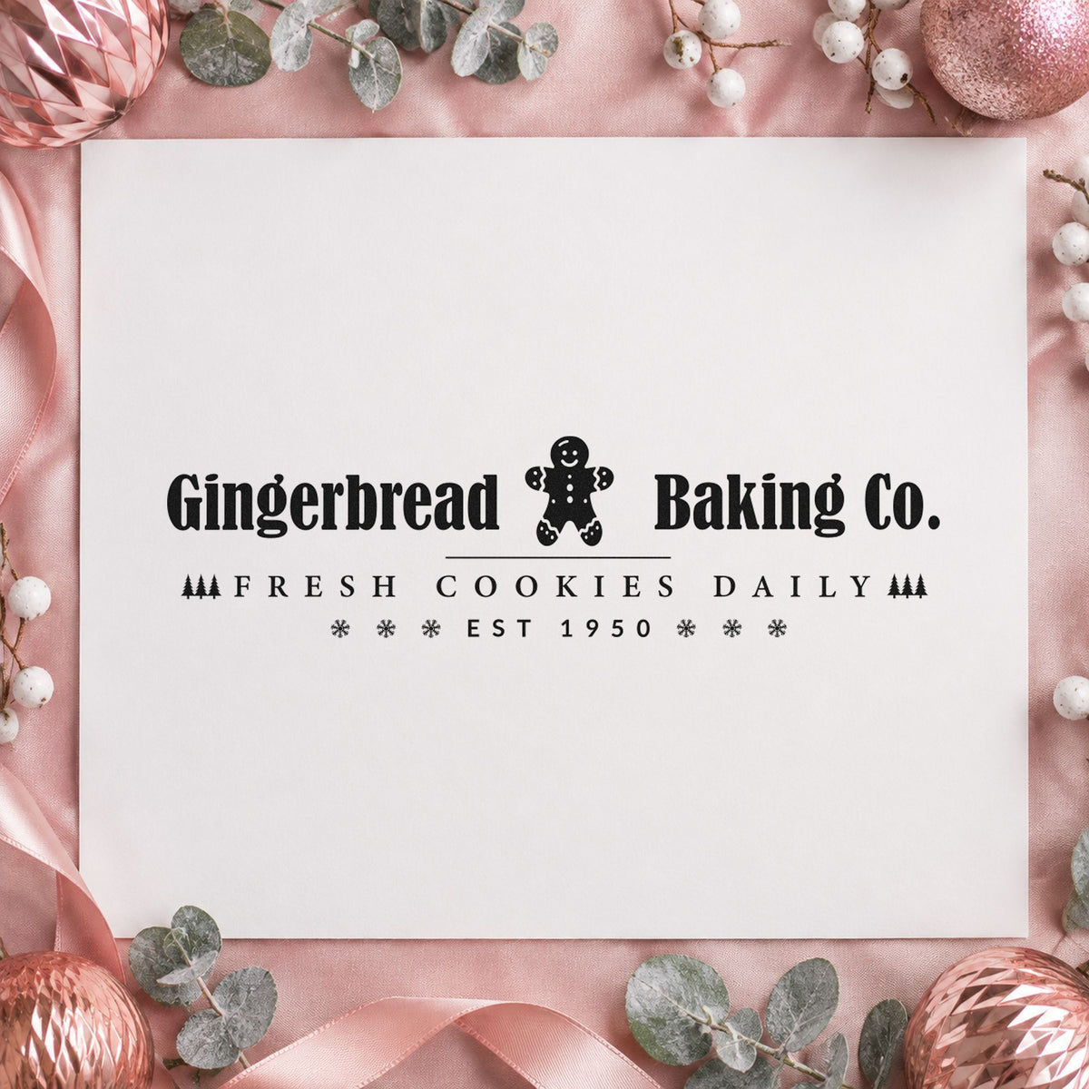 Gingerbread Baking Company Horizontal craft stamp imprint in black ink on a handmade project, one idea being center figure tags.
