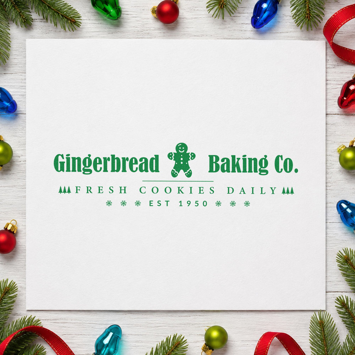 Gingerbread Baking Company Horizontal craft stamp imprinted in green ink on paper, a design suited to framed counter back.