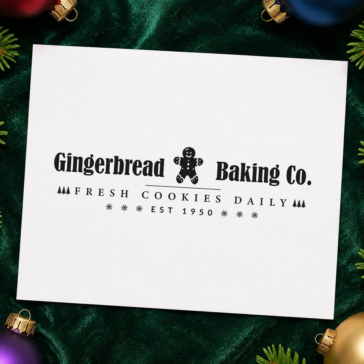 Gingerbread Baking Company Horizontal rubber stamp printed in black ink, ready for split name cards and similar paper crafts.