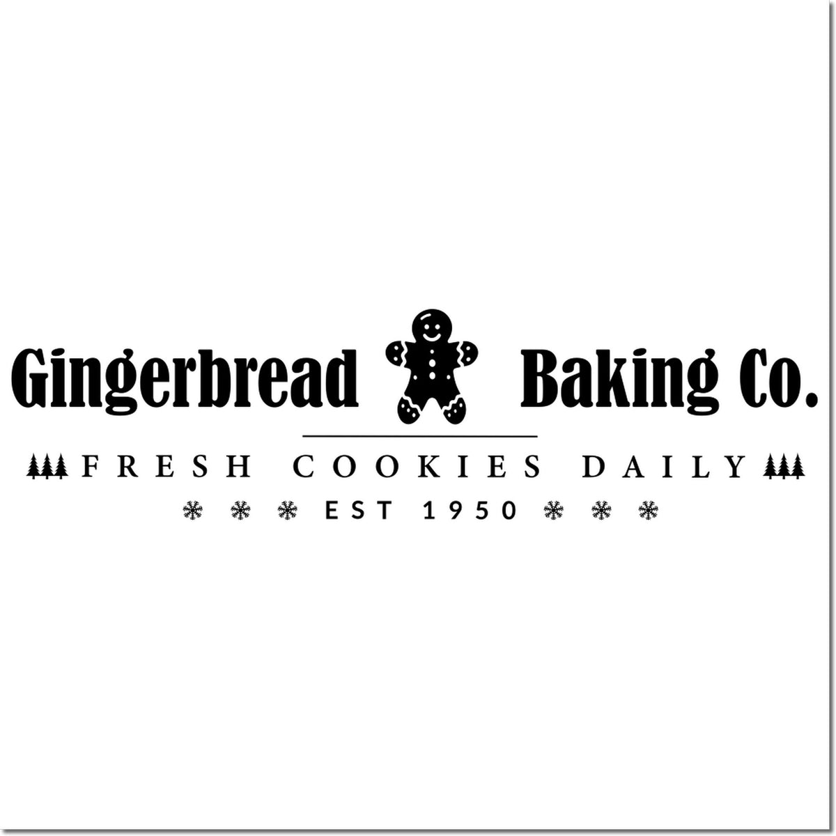 Black custom stamp for Gingerbread Baking Co. with gingerbread man, Fresh Cookies Daily, and Est. 1950 on white.