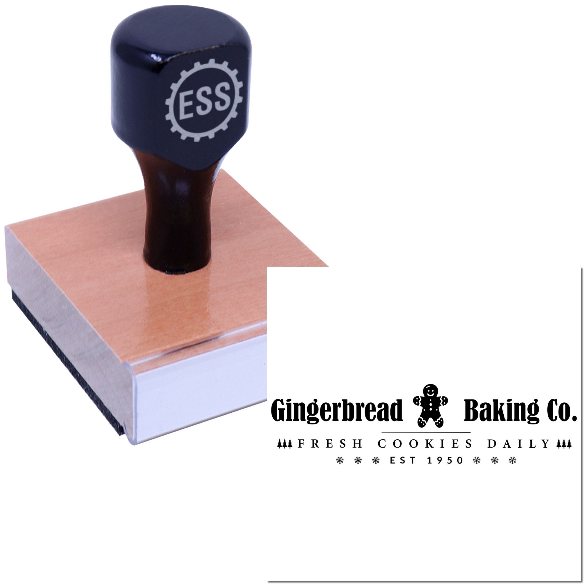 Black custom stamp and seal set with ESS logo, featuring a wooden block and Gingerbread Baking Co. seal in black on white.