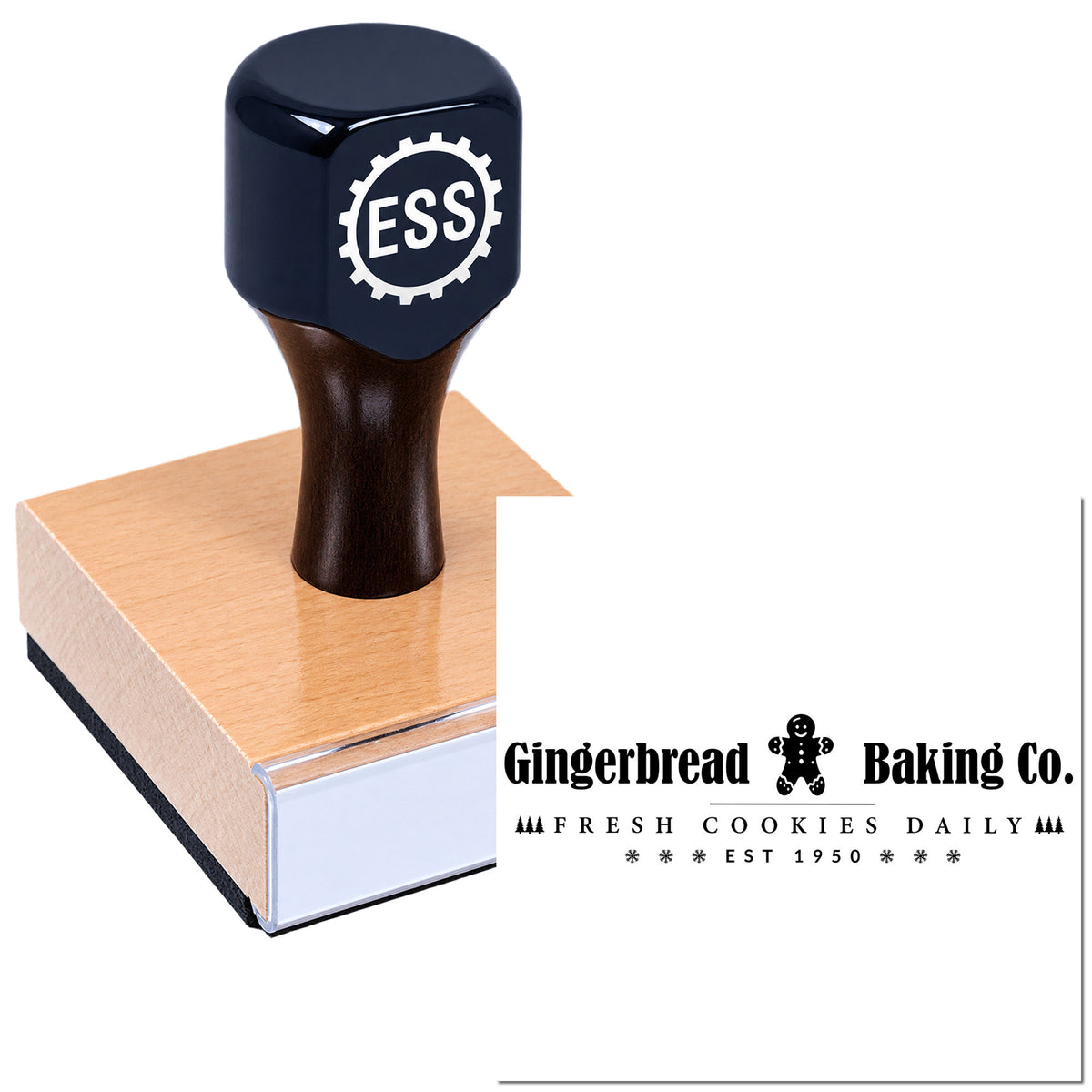 Black custom stamp and seal set with ESS logo, featuring a wooden block and Gingerbread Baking Co. seal in black on white.