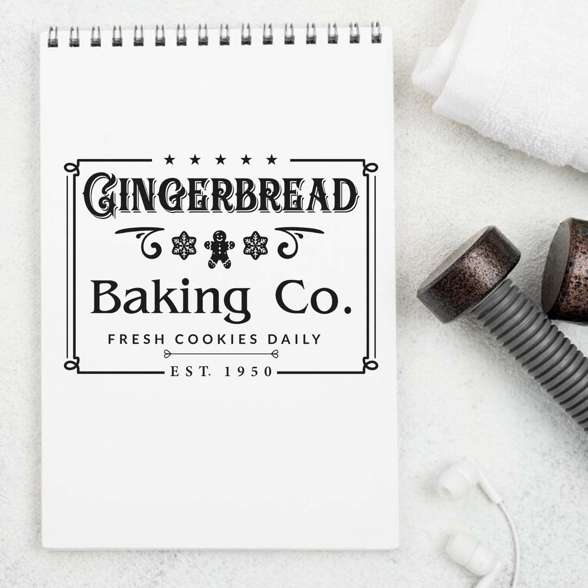 Black vintage Gingerbread Baking Co. stamp seal on white notepad, with stars, gingerbread man, and snowflakes.