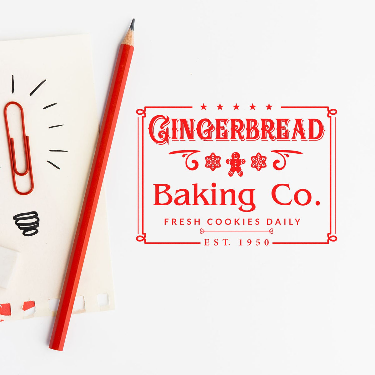 Red gingerbread baking company stamp seal design with stars, cookie icons, and est. 1950 beside a red pencil.