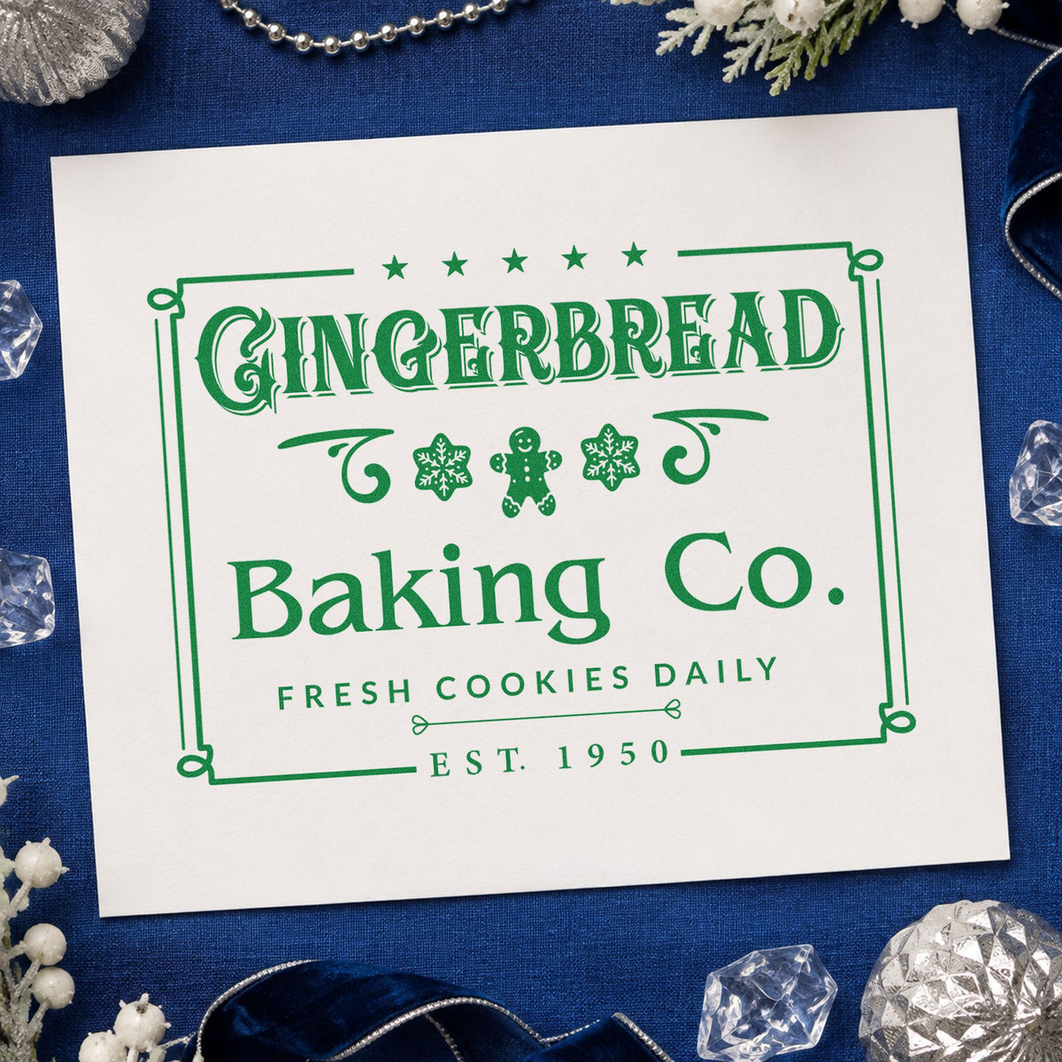Gingerbread Baking Company Framed craft stamp imprinted in green ink on paper, a design suited to framed square mat.