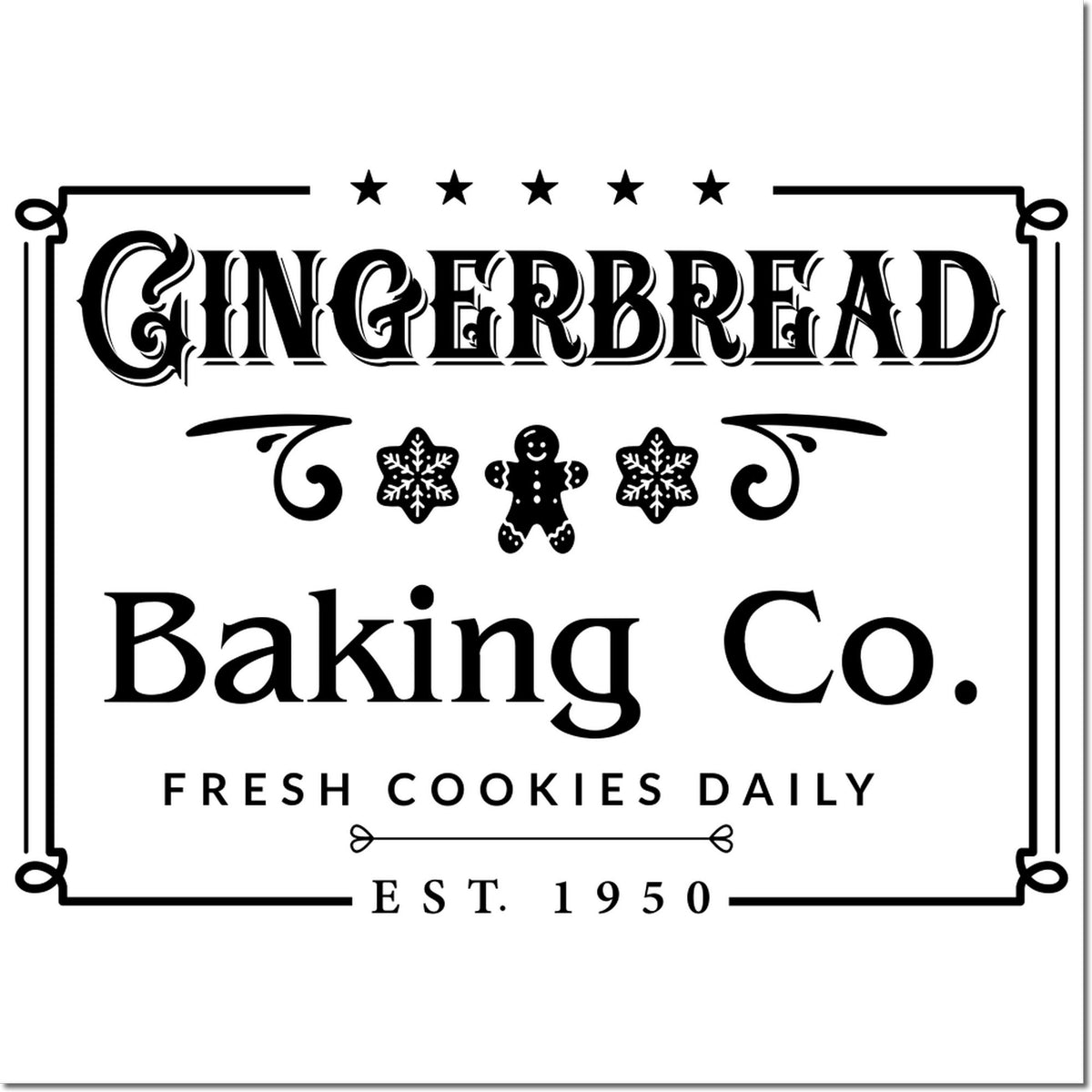 Black vintage bakery stamp seal for Gingerbread Baking Co. with stars, snowflakes, gingerbread man, and Fresh Cookies Daily.