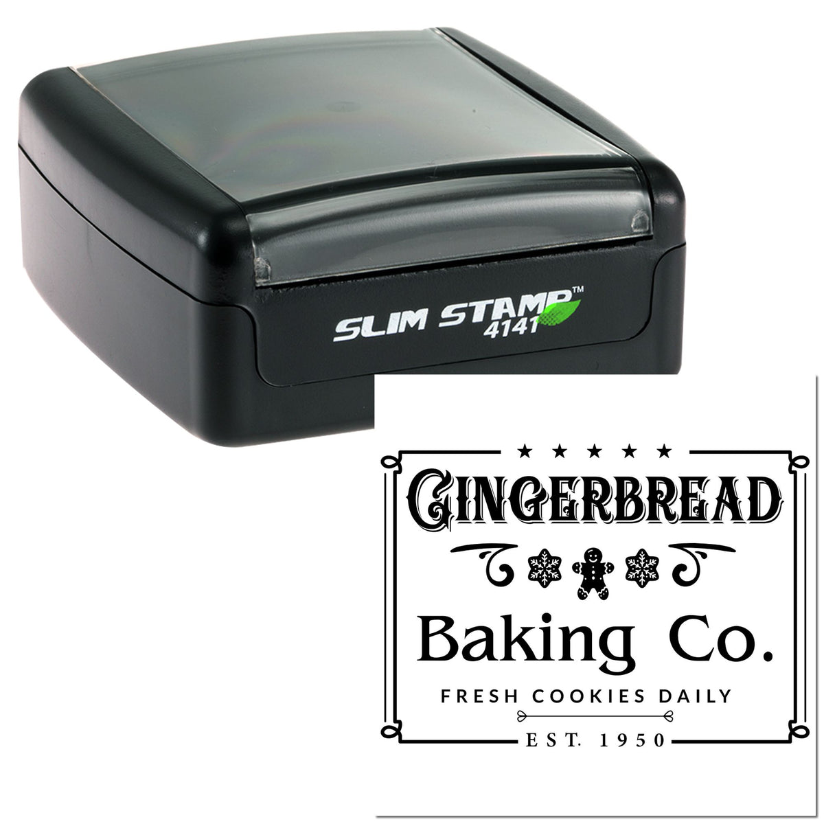 Black and gray Slim Stamp 4141 self-inking seal with Gingerbread Baking Co. festive cookie logo.