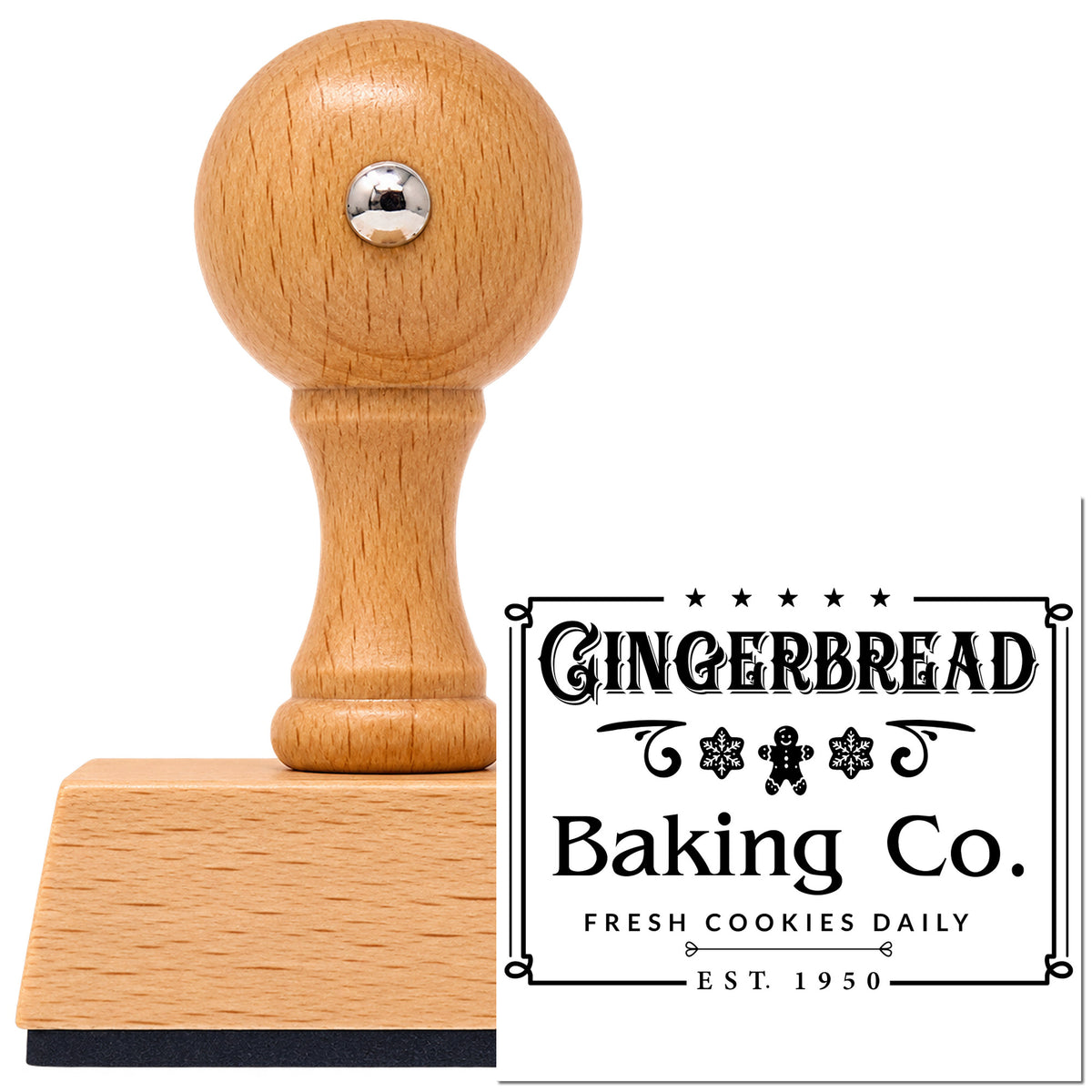 Vintage Pro beech wood stamp with a round knob handle, shown with its black Gingerbread Baking Company Framed imprint on white.