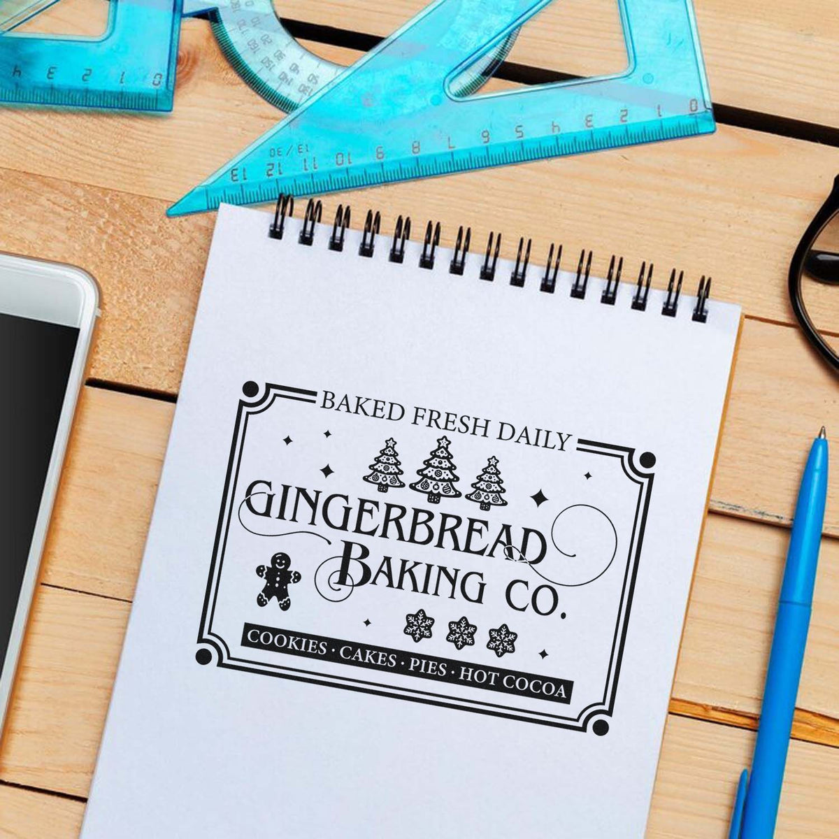Black bakery stamp and seal design on white paper, featuring gingerbread, trees, and decorative border on a wood desk.