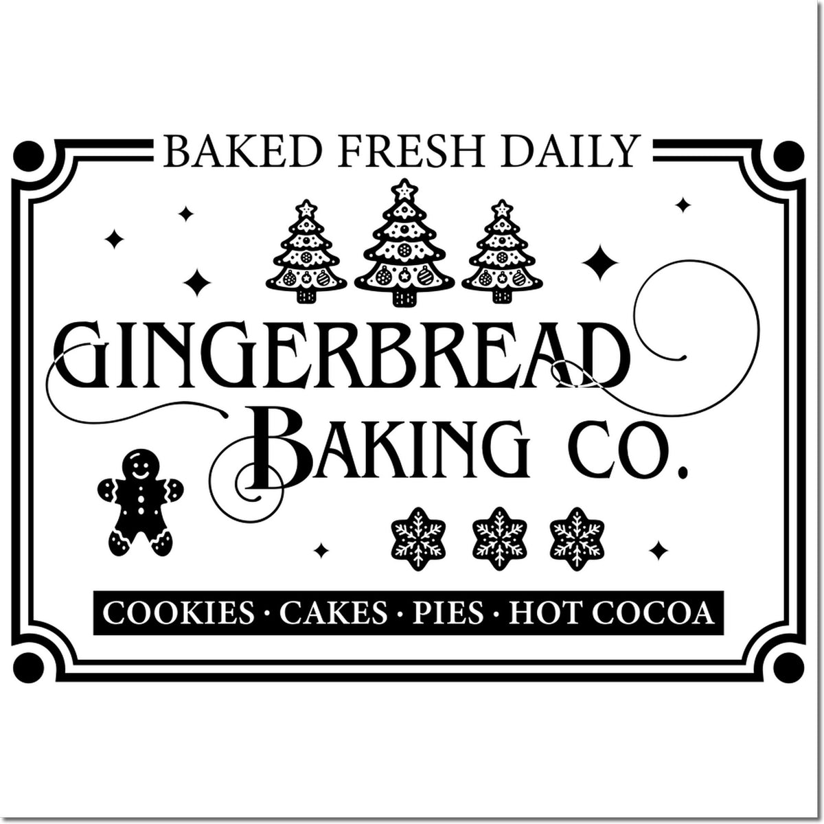 Black-and-white holiday bakery stamp seal with gingerbread trees, snowflakes, gingerbread man, and 'Gingerbread Baking Co.'