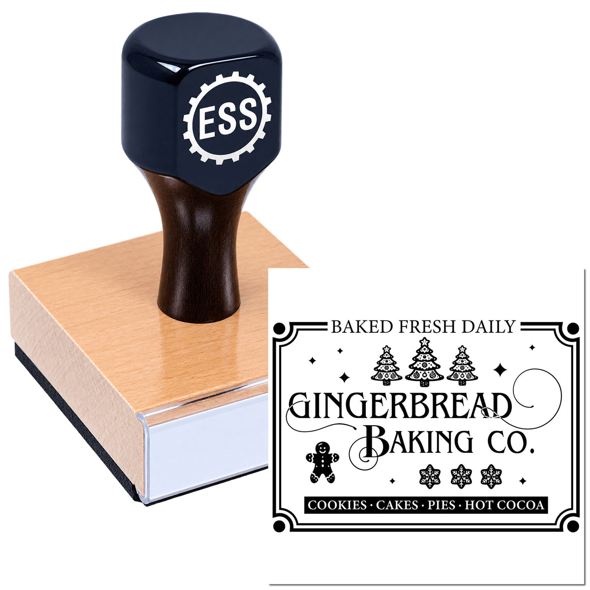 Navy stamp and seal on wooden block with ESS logo, beside black bakery seal design for Gingerbread Baking Co.