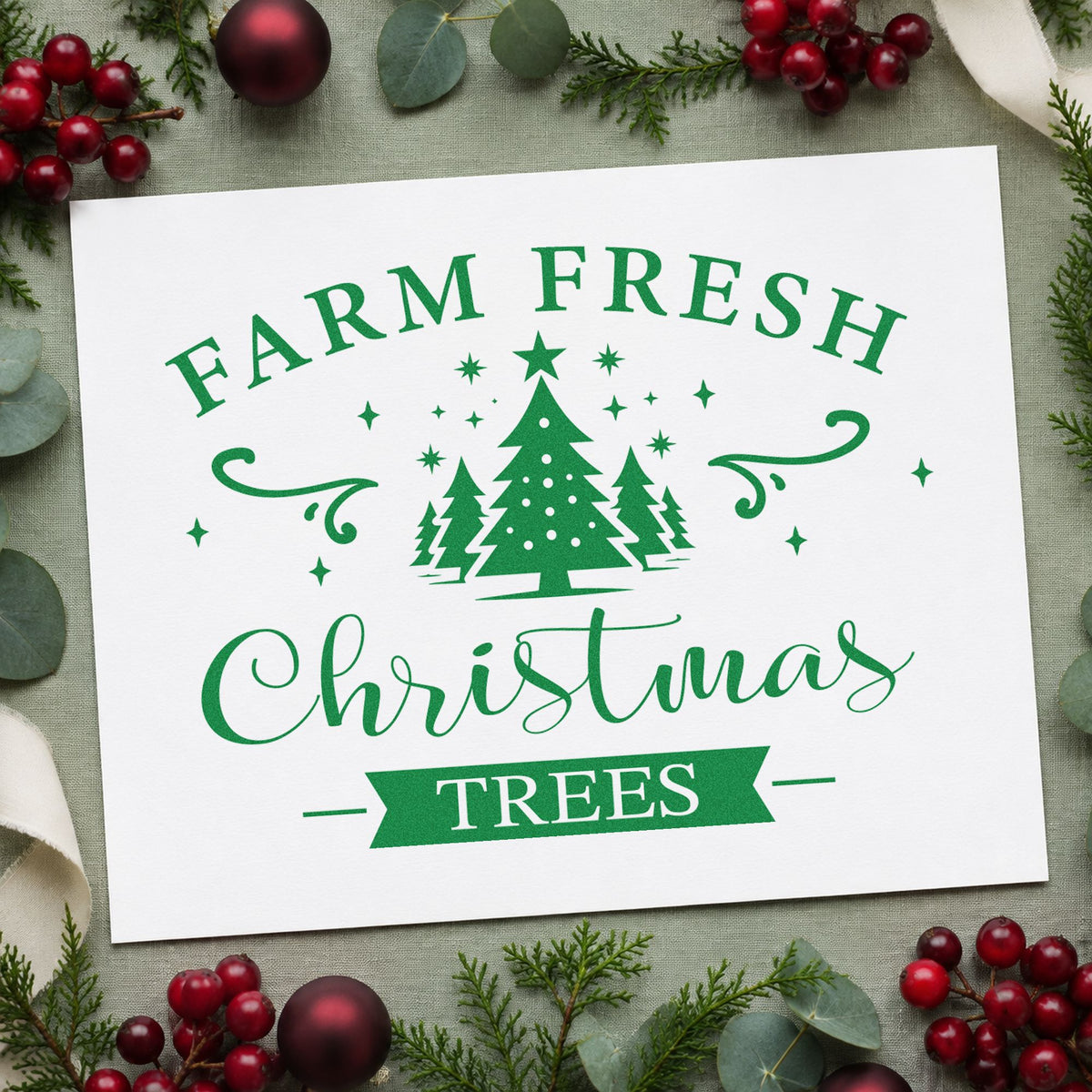 Farm Fresh Christmas Trees Emblem craft stamp in green ink on cardstock, an easy option for grove album page.