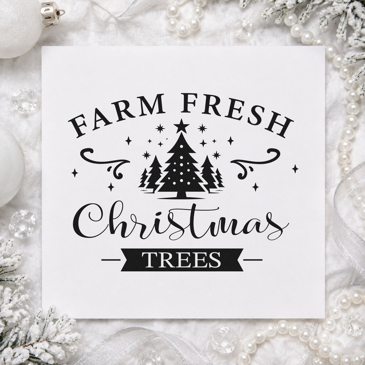 Farm Fresh Christmas Trees Emblem craft stamp imprint in black ink on a handmade project, one idea being bundle price tags.