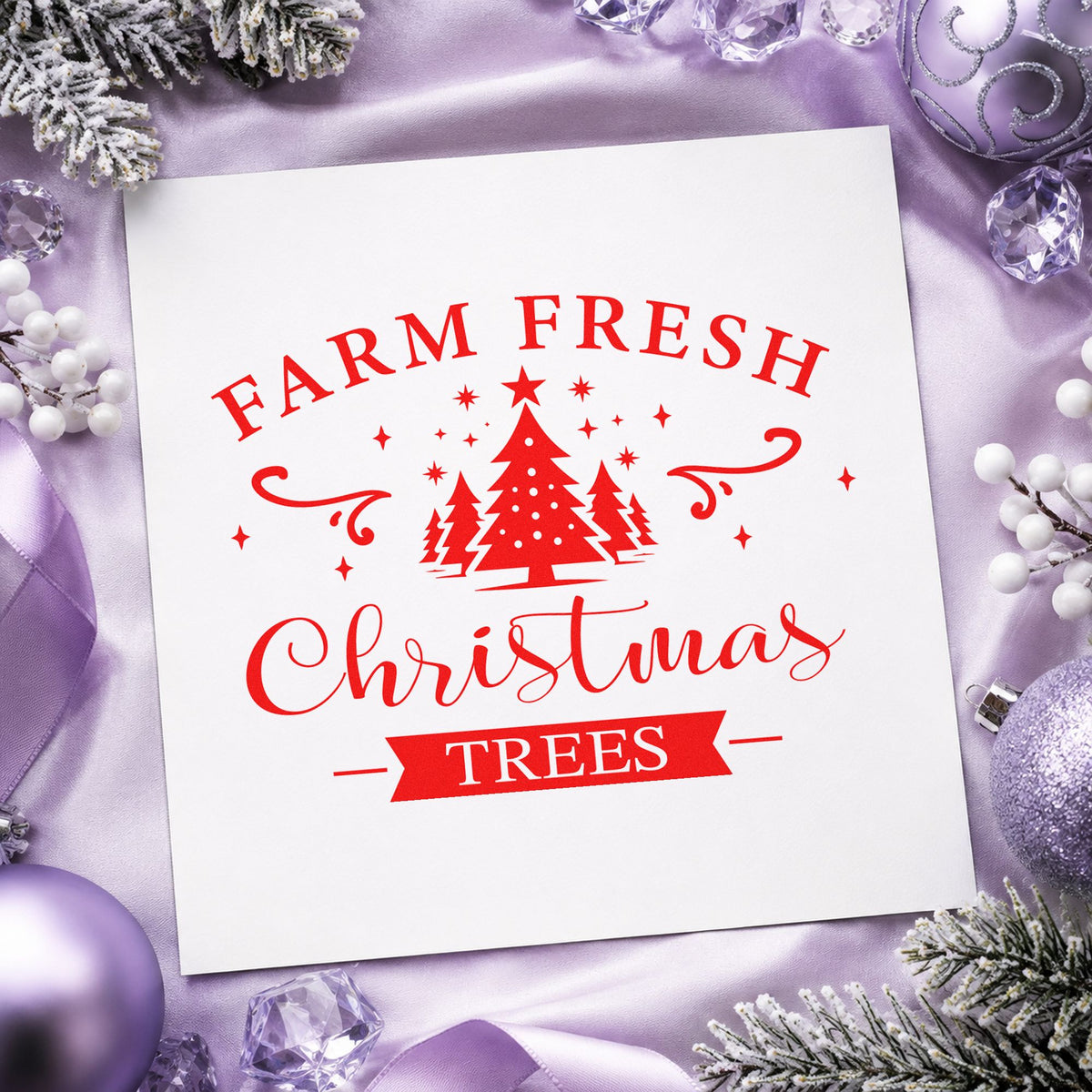 Farm Fresh Christmas Trees Emblem craft stamp in red ink on cardstock, an easy option for ribbon band printing.