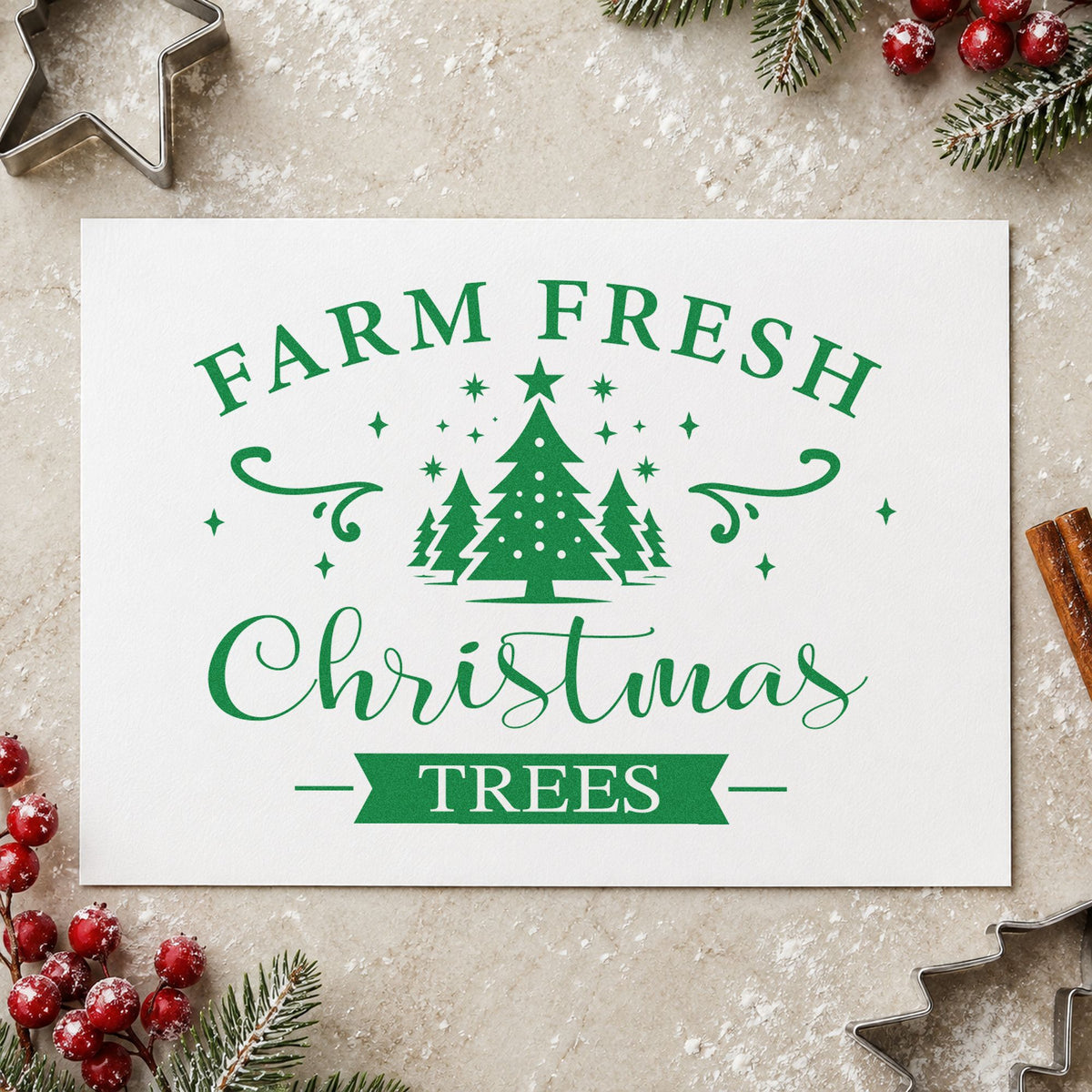 Farm Fresh Christmas Trees Emblem craft stamp imprinted in green ink on paper, a design suited to framed gate post.