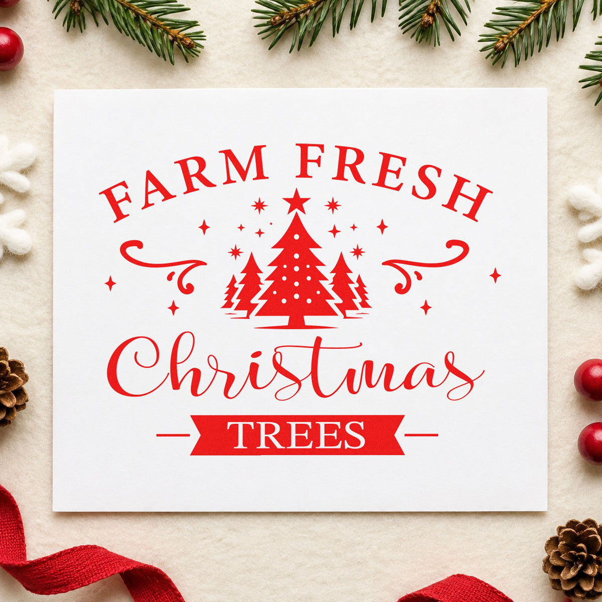Farm Fresh Christmas Trees Emblem rubber stamp shown in red ink, stamped for projects such as block row labels.