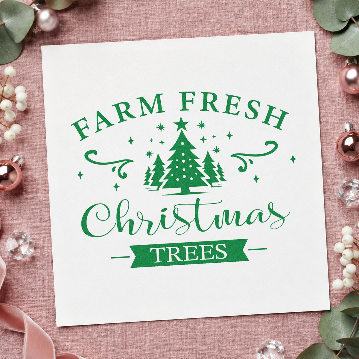 Farm Fresh Christmas Trees Emblem craft stamp imprint in green ink on a handmade project, one idea being season pass cards.
