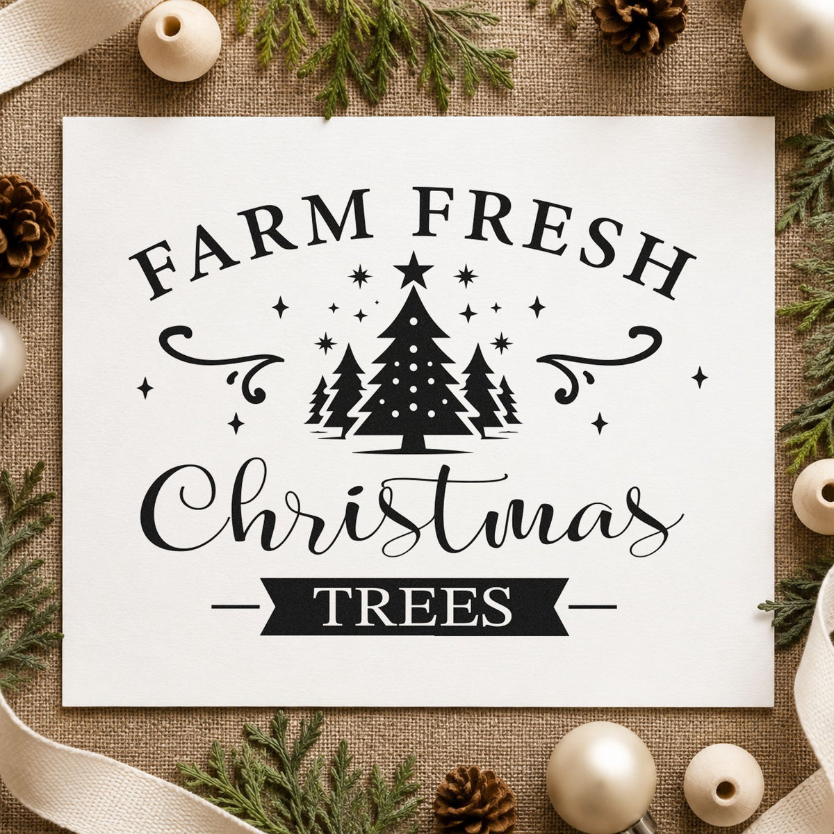 Farm Fresh Christmas Trees Emblem rubber stamp printed in black ink, ready for cluster and ribbon cards and similar paper crafts.