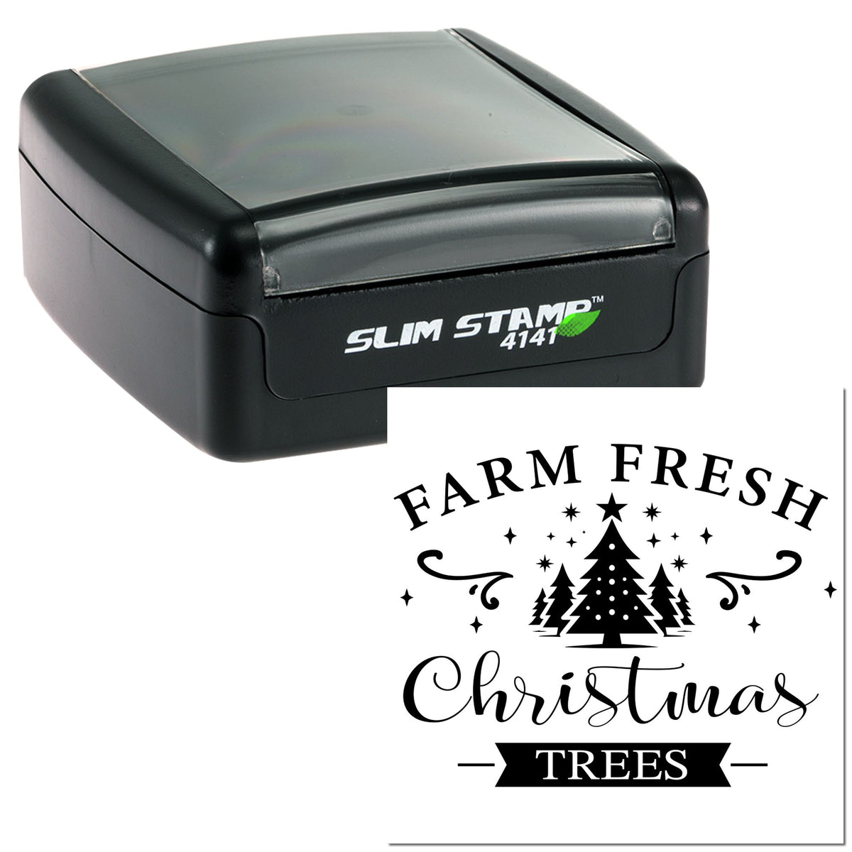 Black Slim Stamp 4141 self-inking stamp and seal with Farm Fresh Christmas Trees holiday design on white background.