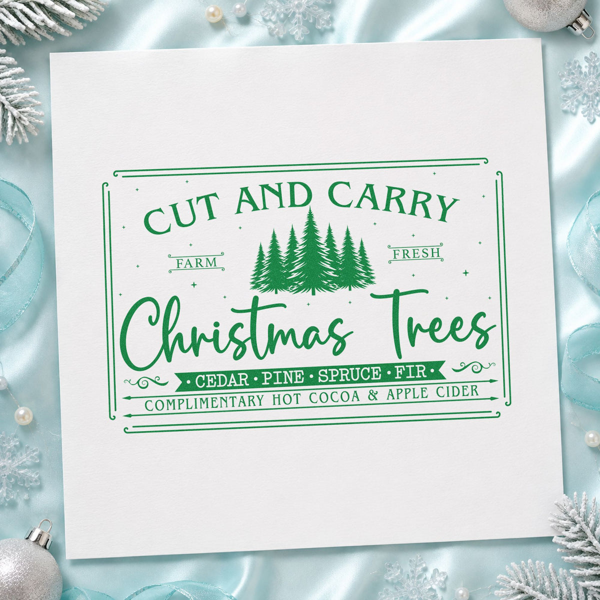 Cut And Carry Christmas Trees craft stamp in green ink on cardstock, an easy option for visit album page.