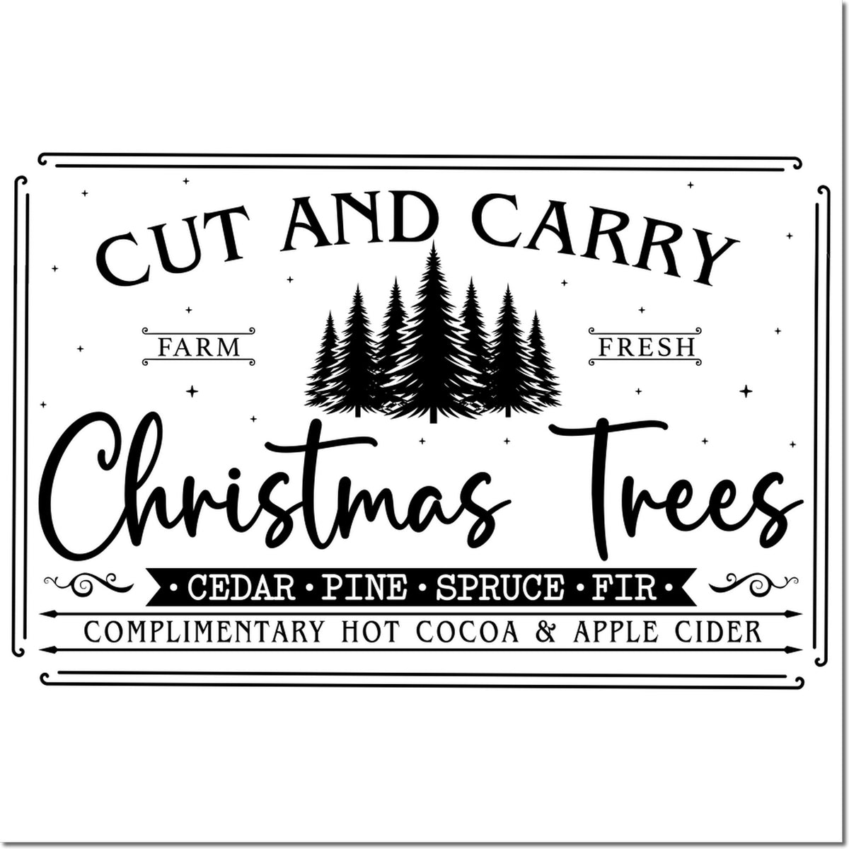 Black rustic Christmas tree stamp seal with pine silhouettes, farm fresh text, cedar, pine, spruce, fir, and cocoa cider