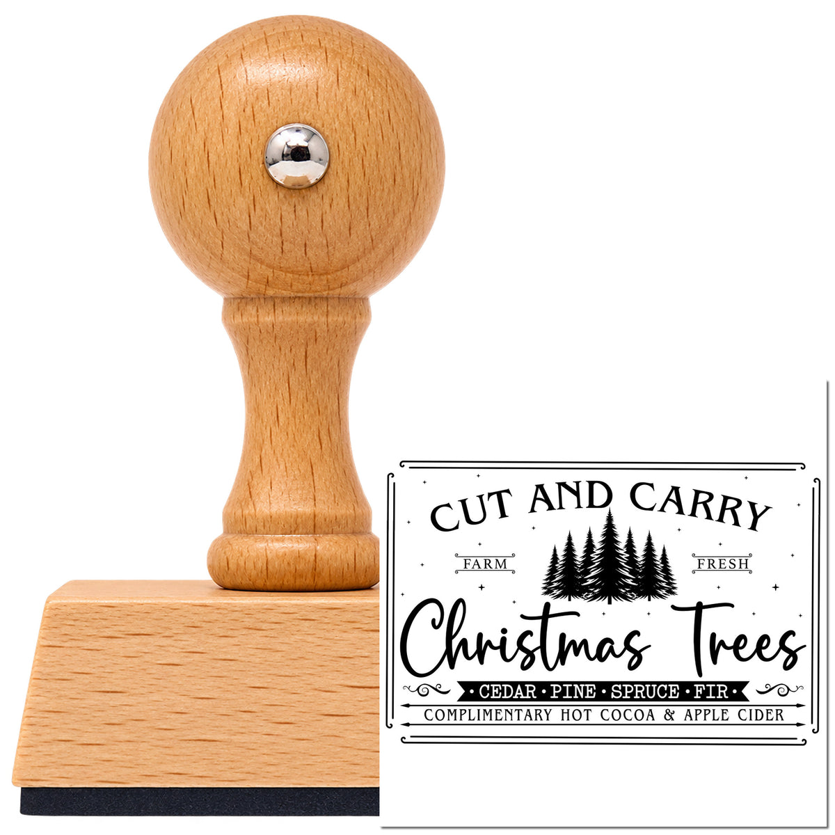 Vintage Pro beech wood stamp with a round knob handle, shown with its black Cut And Carry Christmas Trees Pine Motif imprint on white.