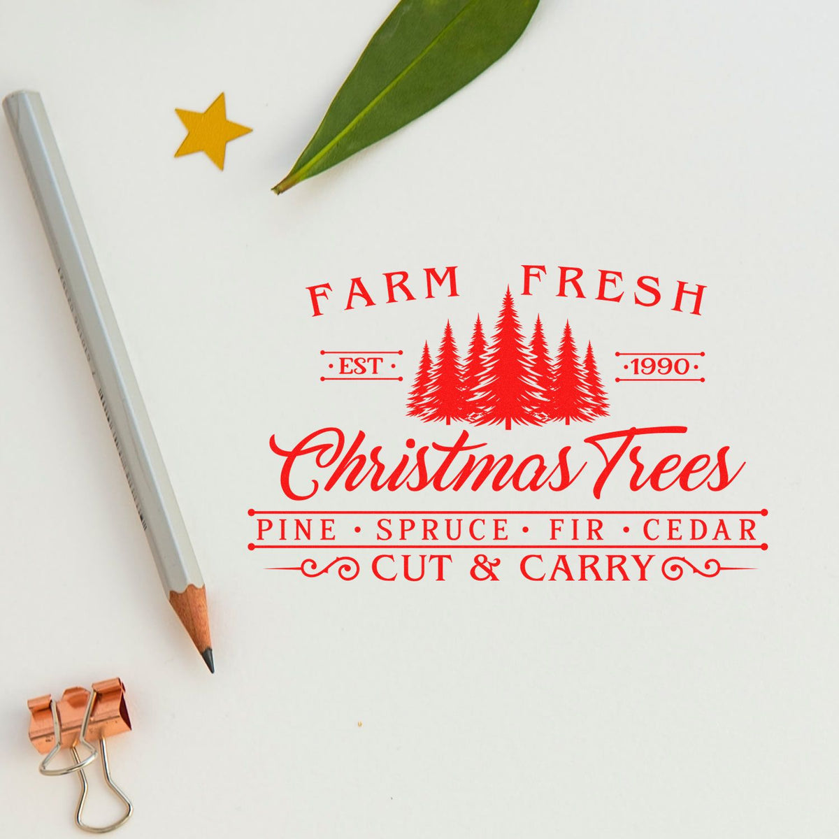 Red farm fresh Christmas trees stamp and seal with pine silhouettes, Cut & Carry text, on a white background.