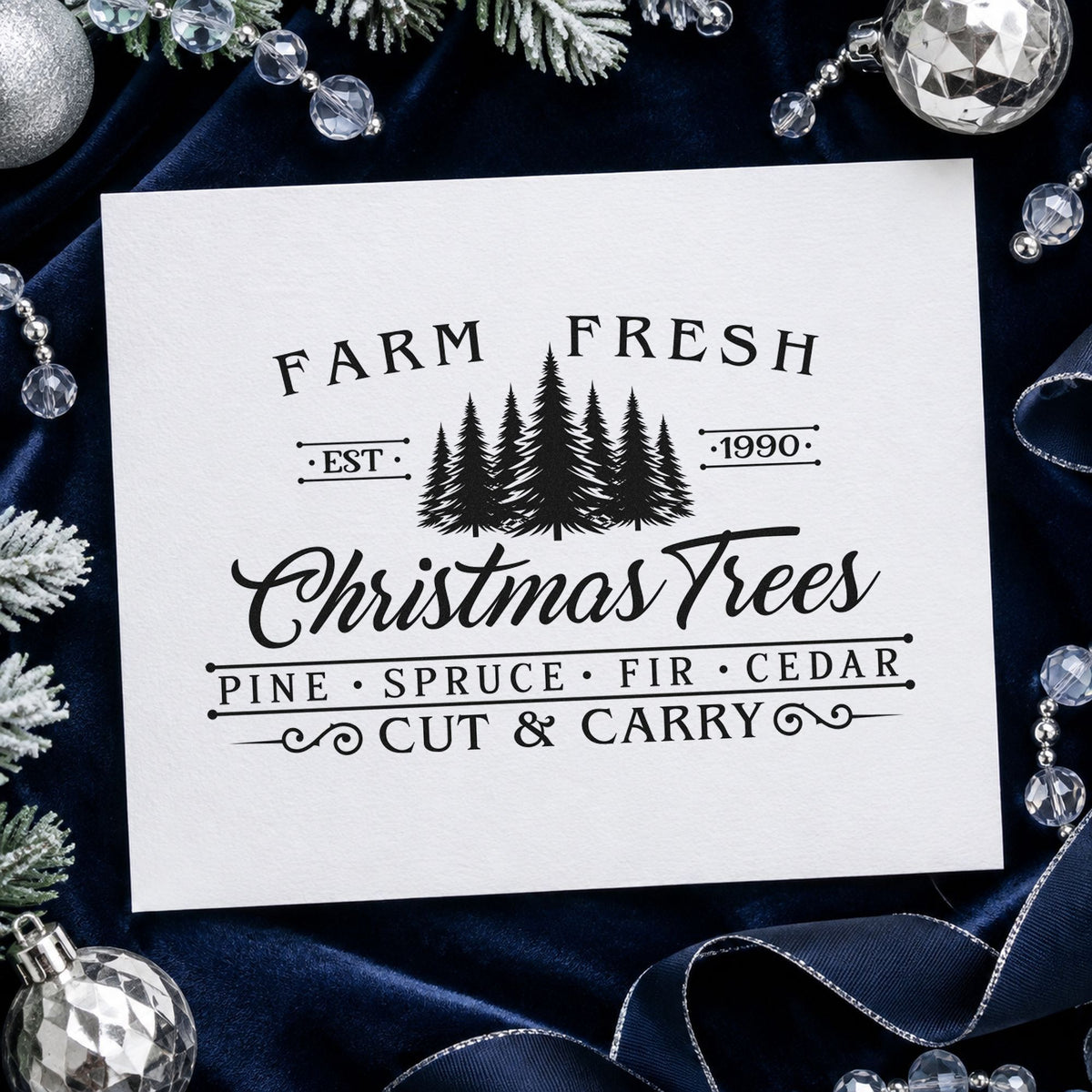 Farm Fresh Trees Est 1990 craft stamp imprint in black ink on a handmade project, one idea being legacy price tags.
