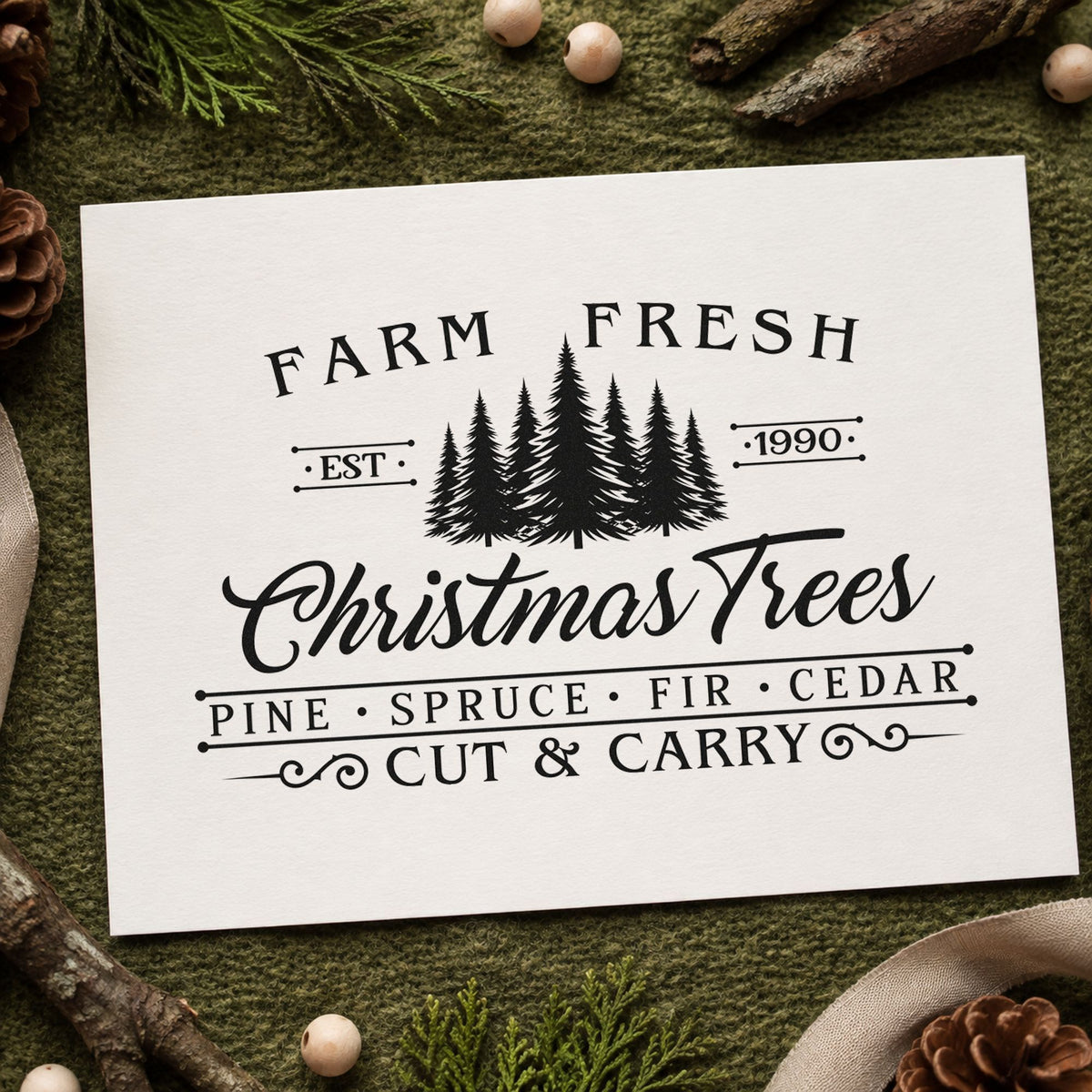 Farm Fresh Trees Est 1990 rubber stamp printed in black ink, ready for season tally sheet and similar paper crafts.
