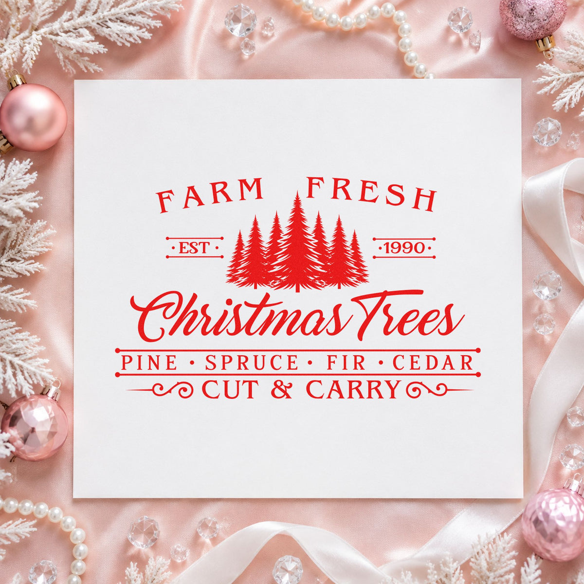 Farm Fresh Trees Est 1990 craft stamp in red ink on cardstock, an easy option for work vest printing.