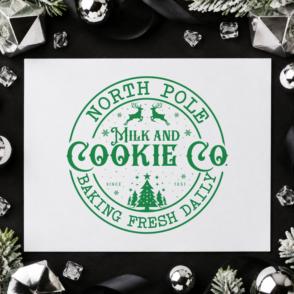 North Pole Cookie Company Badge craft stamp in green ink on cardstock, an easy option for route album page.