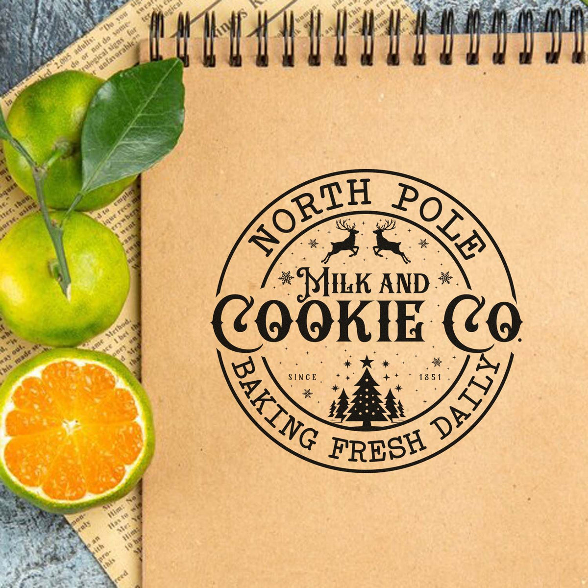 Custom black North Pole milk and cookie stamp seal on tan kraft notebook, with green leaves and a sliced orange beside it.