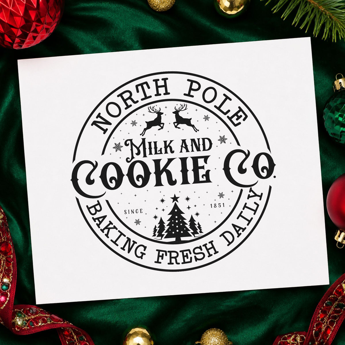 North Pole Cookie Company Badge craft stamp imprint in black ink on a handmade project, one idea being van door tags.