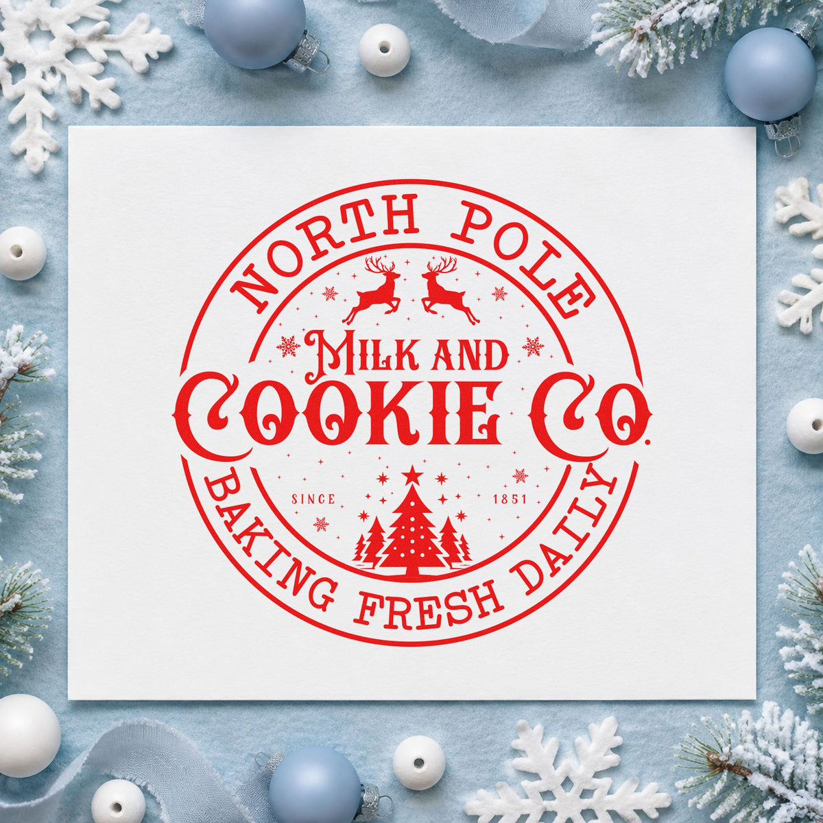 North Pole Cookie Company Badge rubber stamp shown in red ink, stamped for projects such as bay door labels.