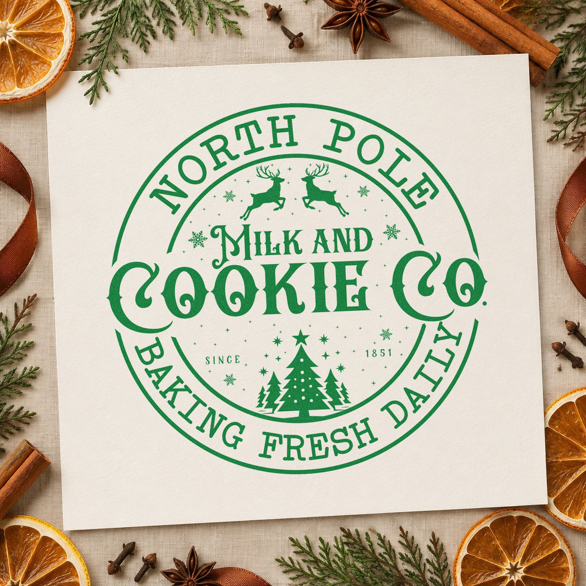 North Pole Cookie Company Badge craft stamp imprint in green ink on a handmade project, one idea being delivery slip cards.