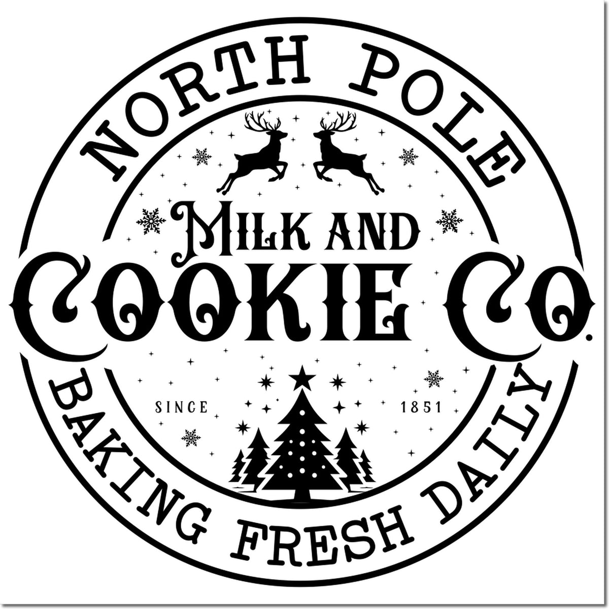 Black-and-white North Pole Bakery stamp seal for milk and cookies, with reindeer, snowflakes, stars, and Christmas trees.
