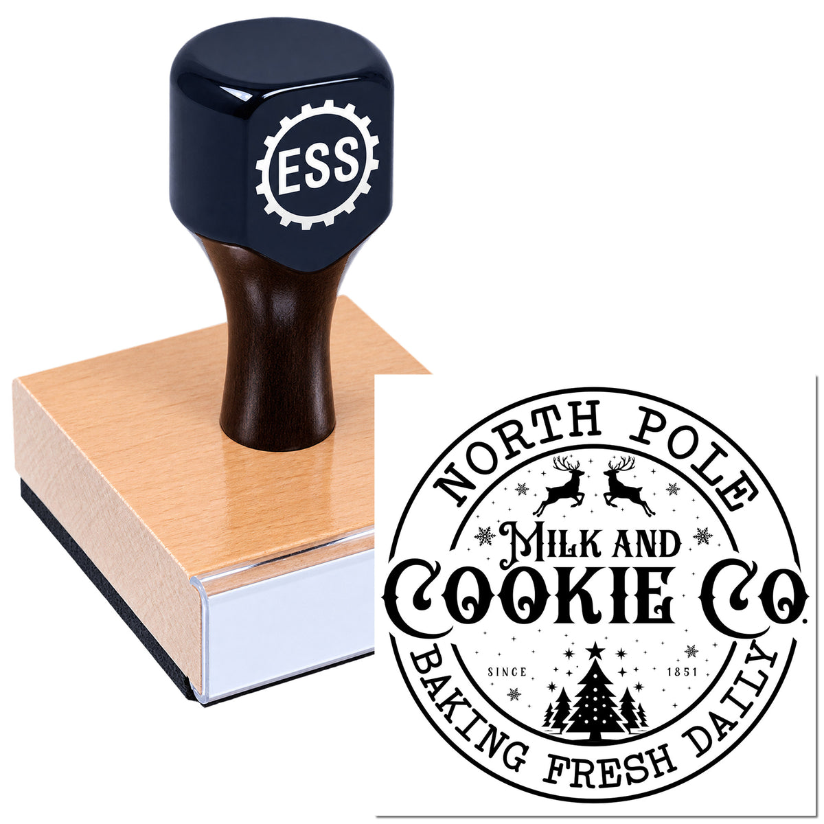 Dark blue rubber stamp and seal on a wooden block with black-and-white North Pole Milk and Cookie design.