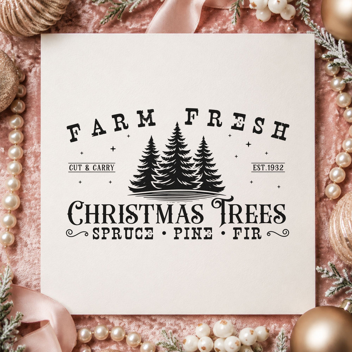 Farm Fresh Spruce Pine Fir rubber stamp printed in black ink, ready for strip layout sheet and similar paper crafts.