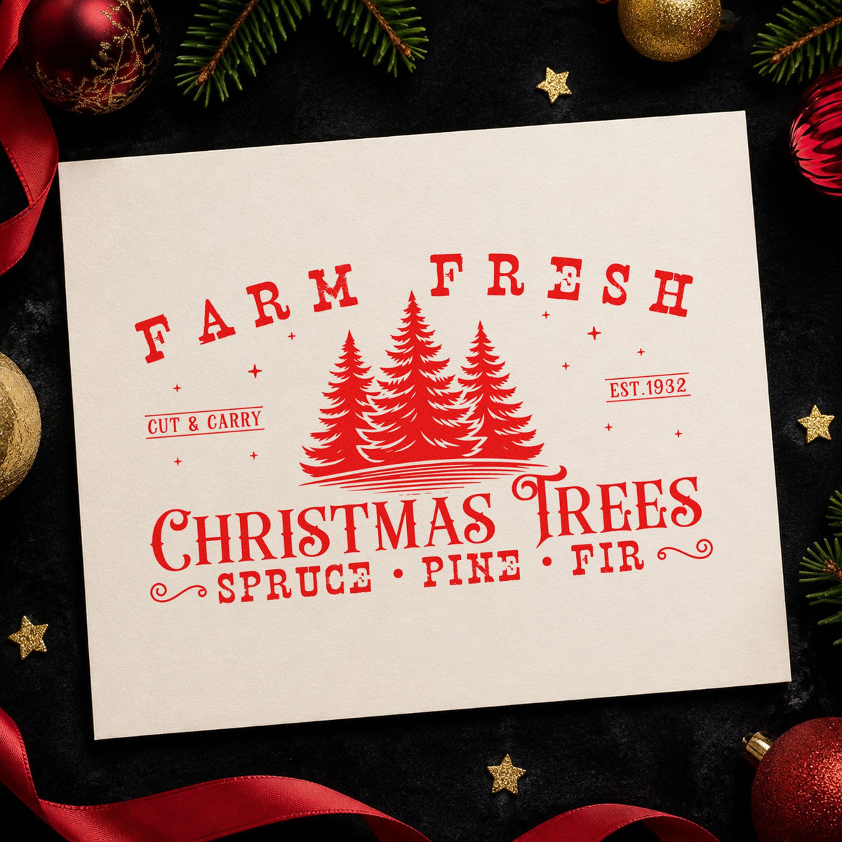 Farm Fresh Spruce Pine Fir rubber stamp shown in red ink, stamped for projects such as shelf strip labels.